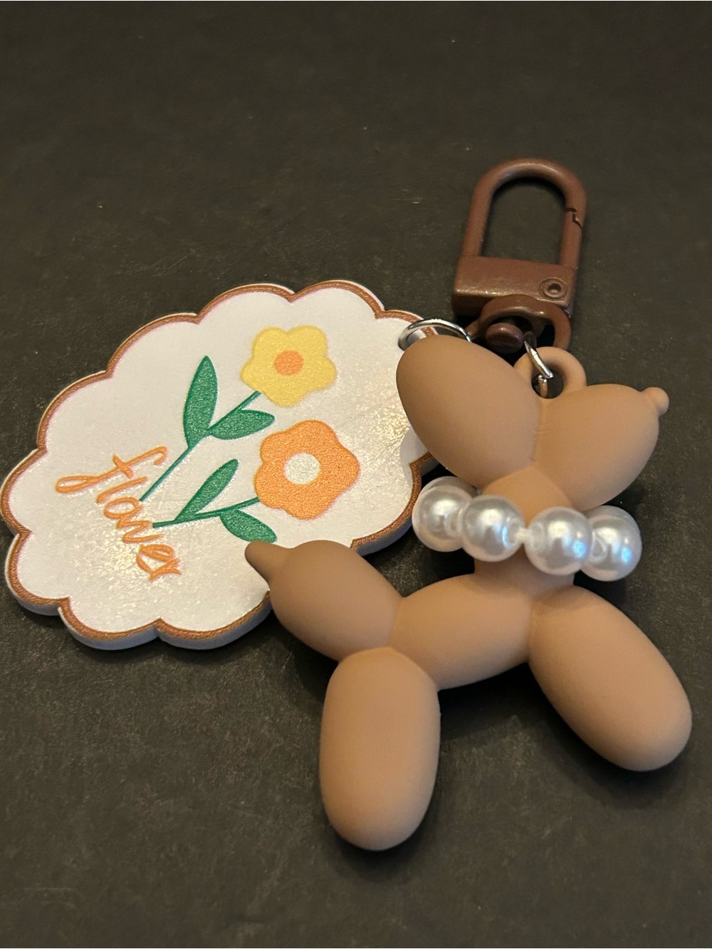 Mint Beige or Brown Balloon Dog Keychain Zipper Pull with Flower Tag NWT - Picture 7 of 8